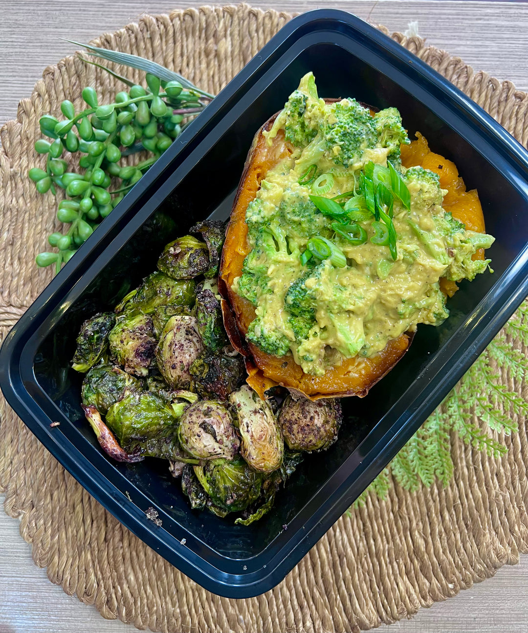 Broccoli "Cheddar" Stuffed Sweet Potato w/ Roasted Brussels (vegan)