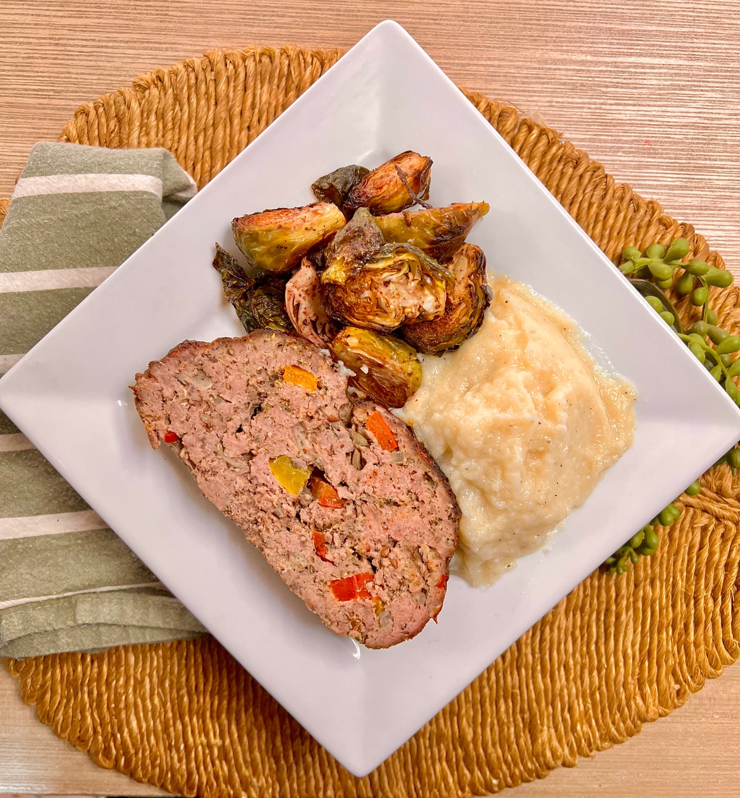 Classic Beef Meatloaf w/ Cauli Mash & Brussels (low carb / paleo / whole 30