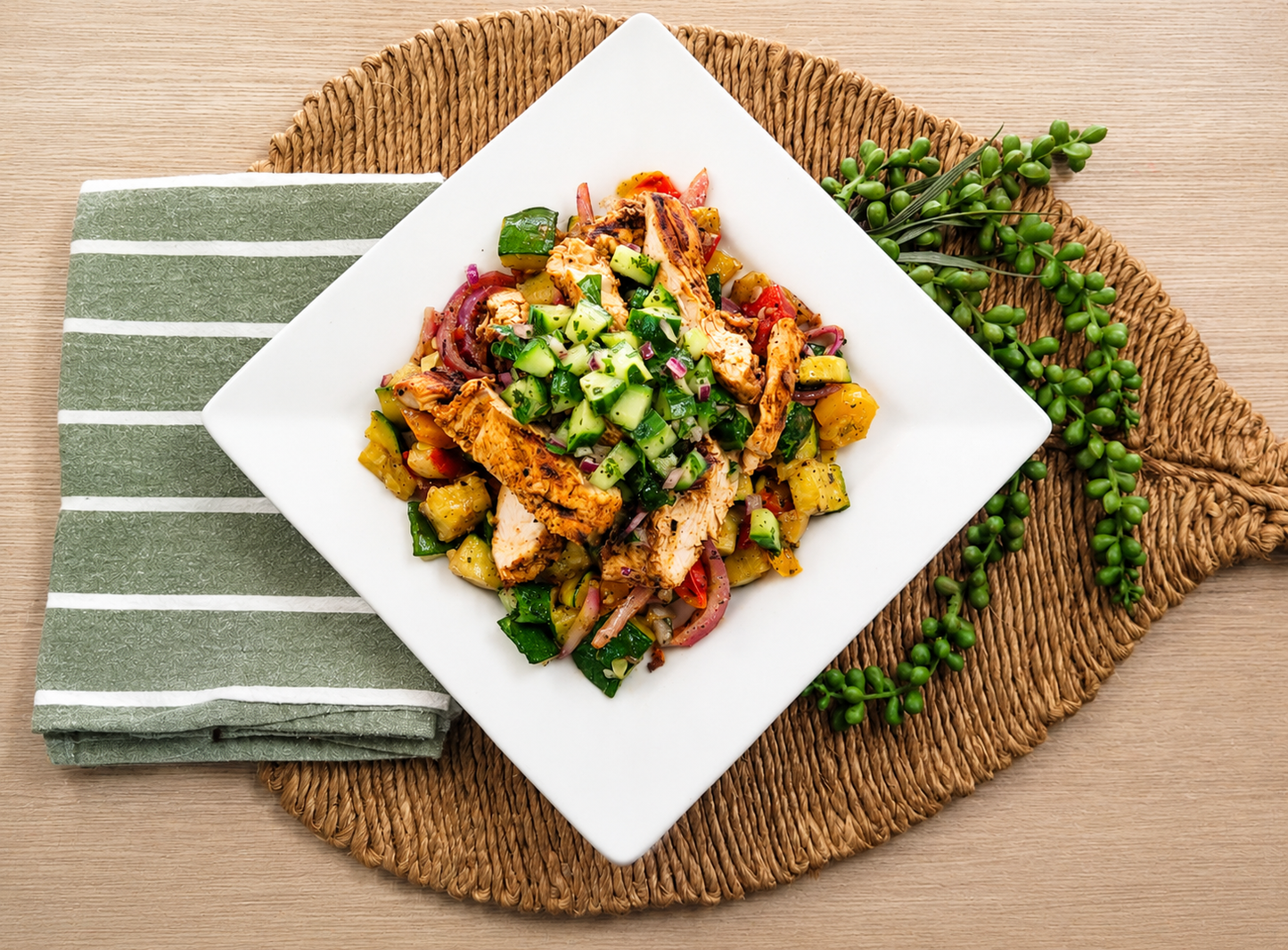 Chef Andrews Special: Greek Chicken with Roasted Vegetables and Herb Salad