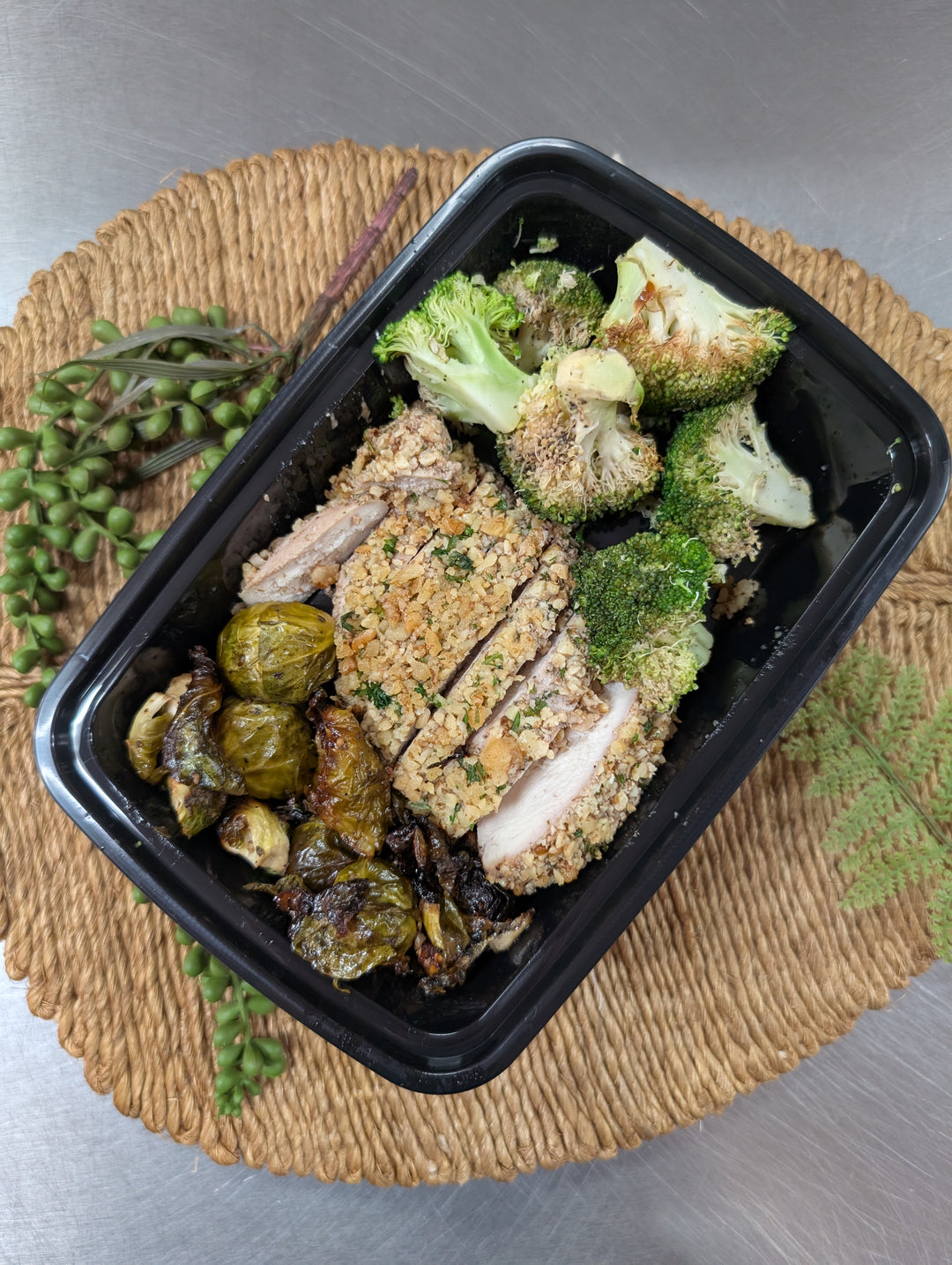 Dijon Walnut Crusted Chicken w/ Crispy Brussels & Roasted Broccoli