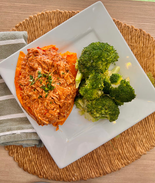 Chicken Enchilada Stuffed Sweet Potato w/ Roasted Broccoli