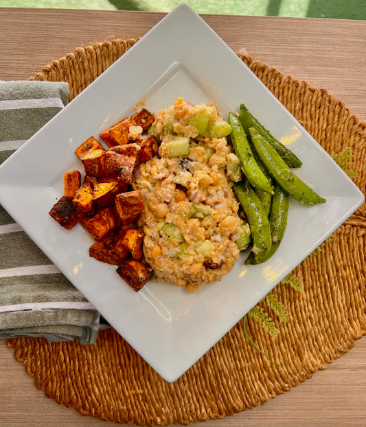 Chickpea "chicken" Salad w/ Roasted Sweet Potato & Crunchy Snap Peas (vegan)