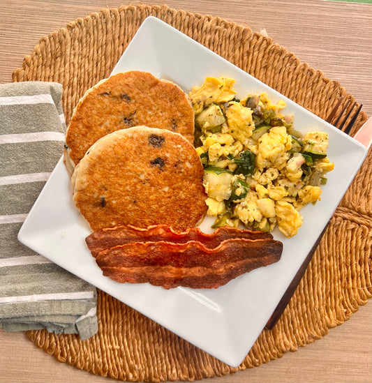 Blueberry Protein Pancakes w/ Egg Scramble & Turkey Bacon