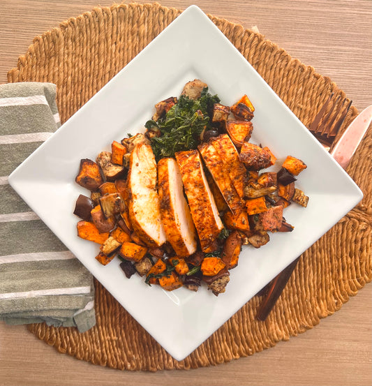 Seared Chicken w/ Kale, Eggplant & Sweet Potato (lower carb/paleo/whole 30)