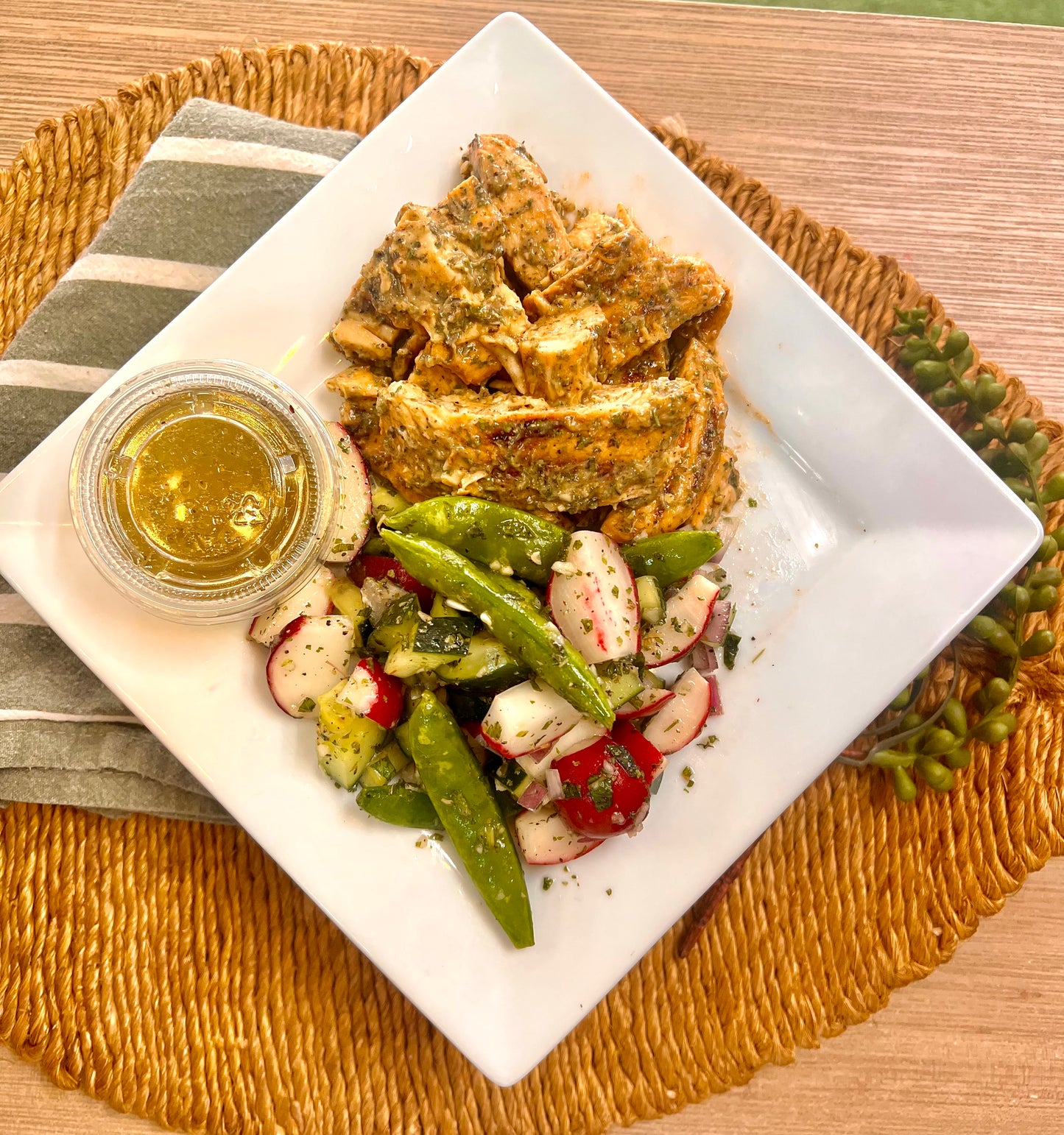 Lemon crema chicken with summer snap pea salad  (lower carb/paleo/whole 30)