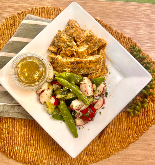 Lemon crema chicken with summer snap pea salad  (lower carb/paleo/whole 30)