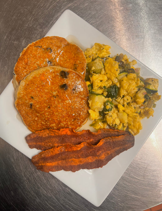 Chocolate Chip Protein Pancakes w/ Egg Scramble & Turkey Bacon
