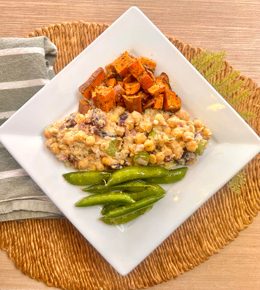 Chickpea "chicken" Salad w/ Roasted Sweet Potato & Crunchy Snap Peas (vegan)