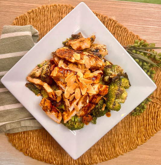 Grilled balsamic glaze chicken w/ glazed carrot veggie medley & crushed almonds (low carb/paleo/whole 30)