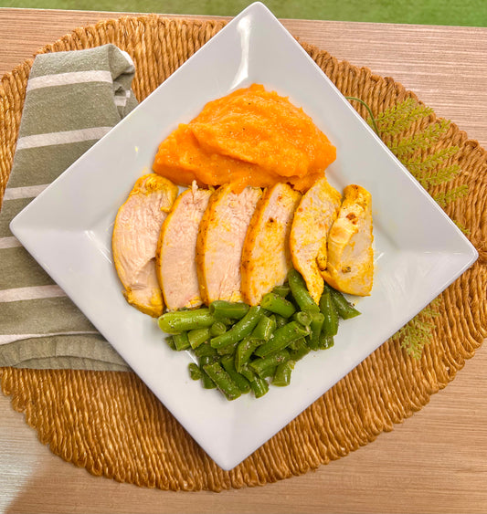 Honey Dijon Chicken w/ Butternut Mash & Sweet Balsamic Green Beans  (low carb/paleo/whole 30)