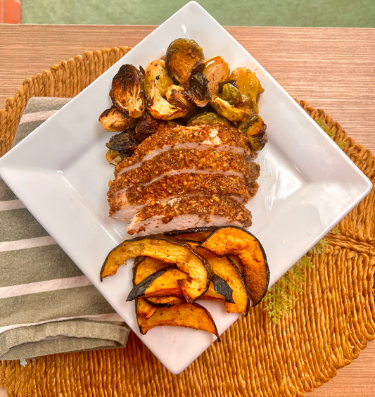Pecan Crusted Chicken w/ Acorn Squash & Balsamic Brussels (low carb/paleo/whole 30)