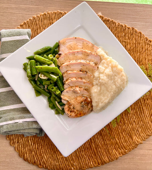Dijon Chicken w/ Cauliflower Mash & Shaved Almond Green Beans (low carb/paleo/whole 30)