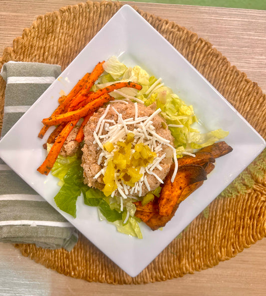 Deconstructed Turkey Burger w/ Carrot Fries & Sweet Potato Wedges (paleo/whole 30/lower carb)