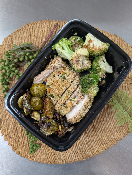Dijon Walnut Crusted Chicken w/ Balsamic Brussels (low carb / paleo / whole 30)