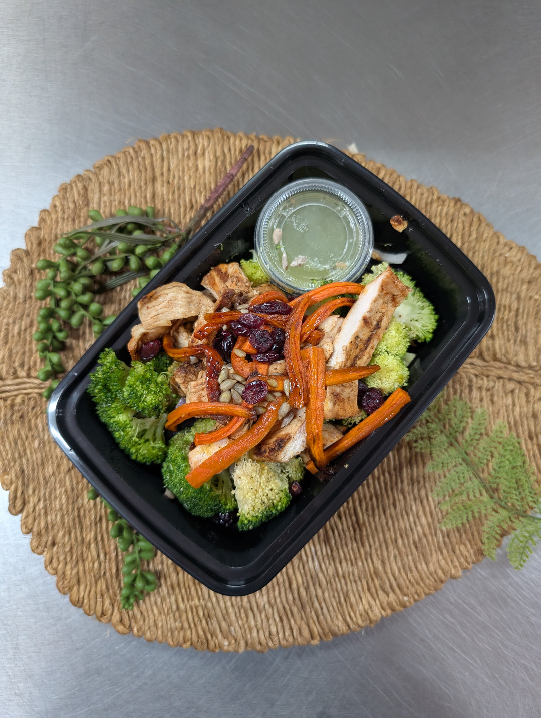 Grilled Chicken w/ Glazed Carrots, Broccoli Salad & Balsamic Dressing Cup (low carb, paleo)